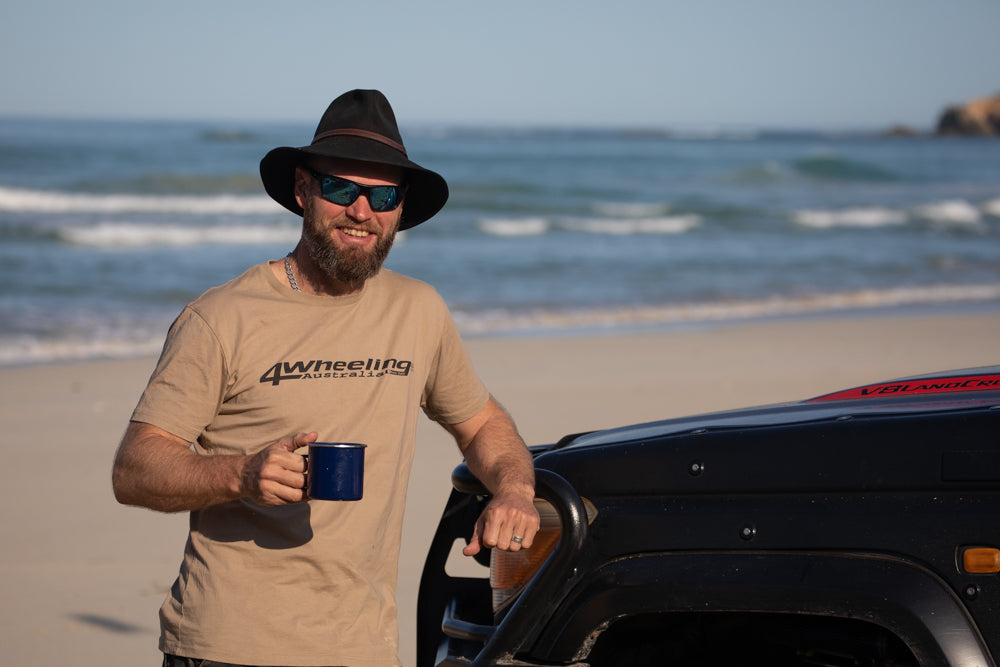 Men’s sand colour tee with 4Wheeling Australia logo across the chest.