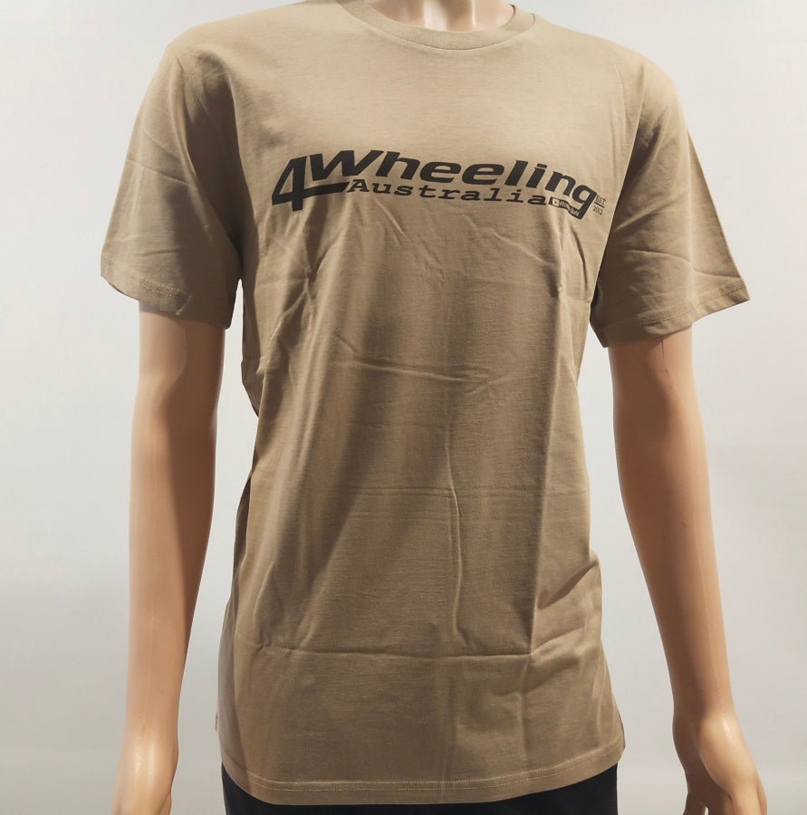 Men’s sand colour tee with 4Wheeling Australia logo across the chest.